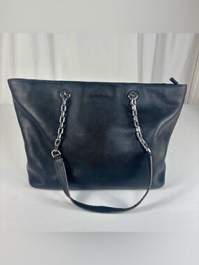 Michael Kors Large Pebbled Leather Chain Tote Bag Navy Silver Hardware
